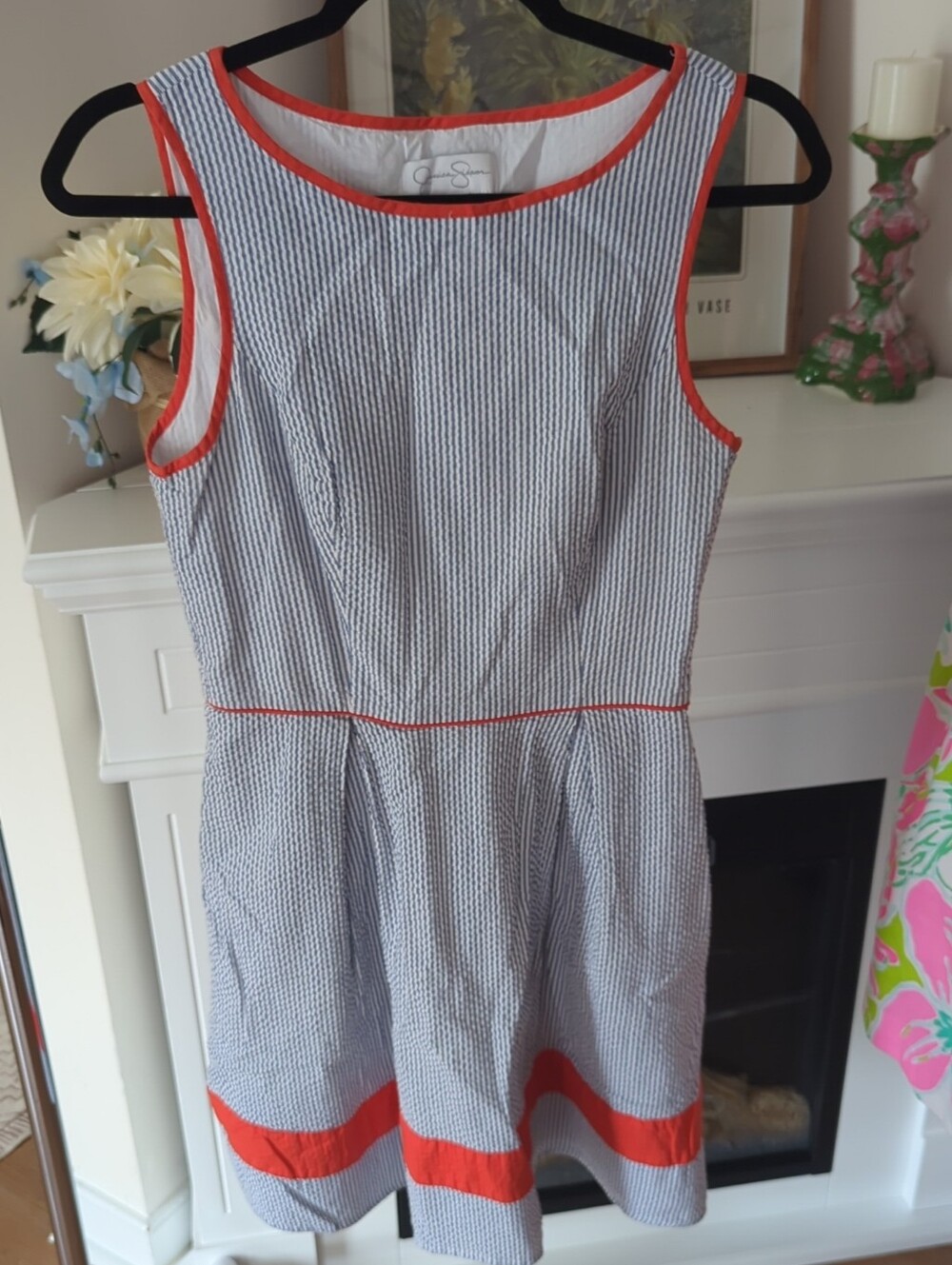 Jessica Simpson Navy-and-White Striped Seersucker Midi Dress with Coral Trim